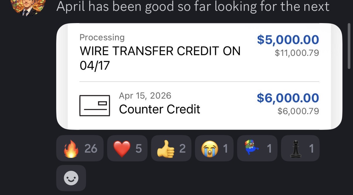 Abril: $5,000 wire + $6,000 counter credit