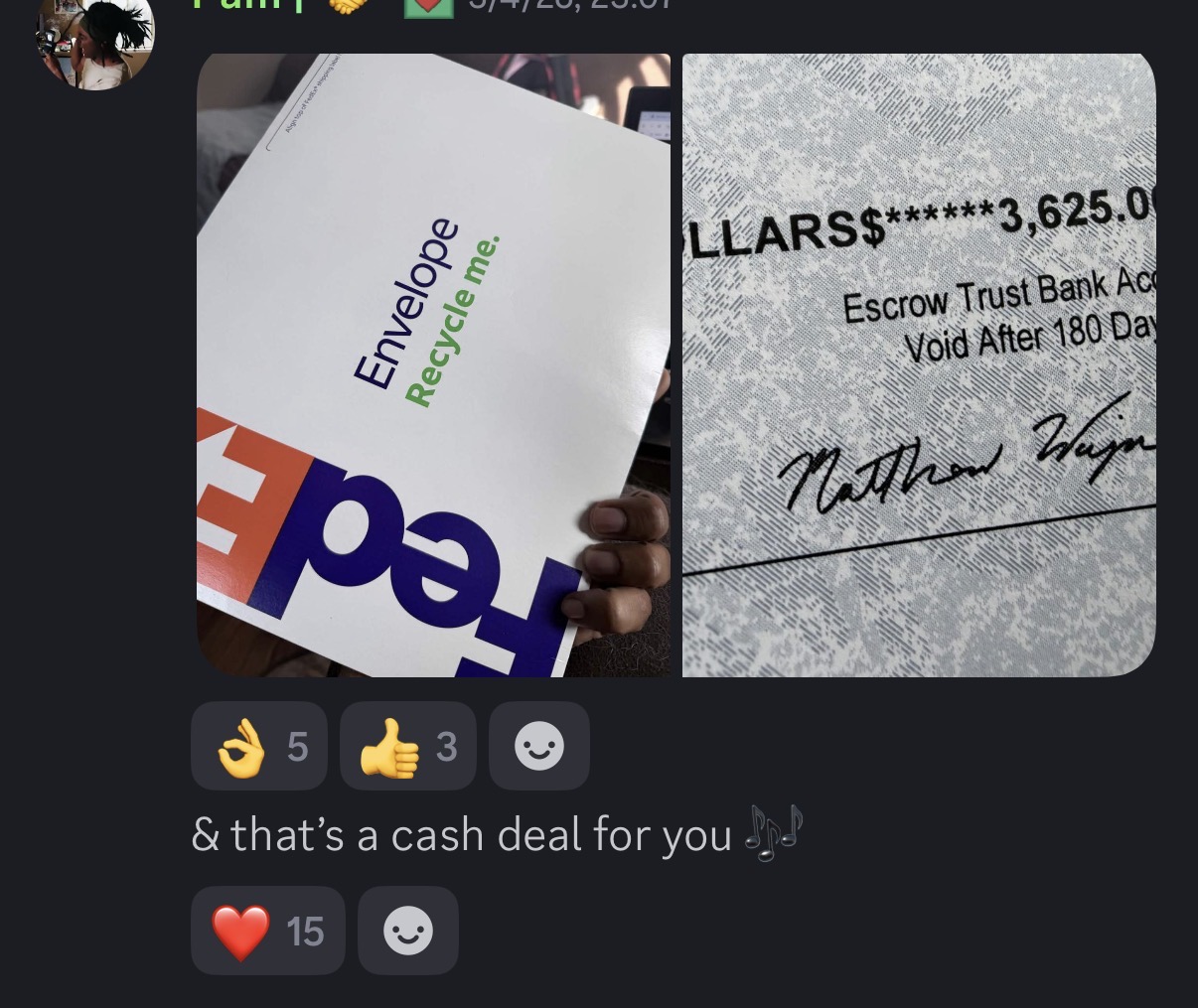 Cheque de $3,625 — cash deal