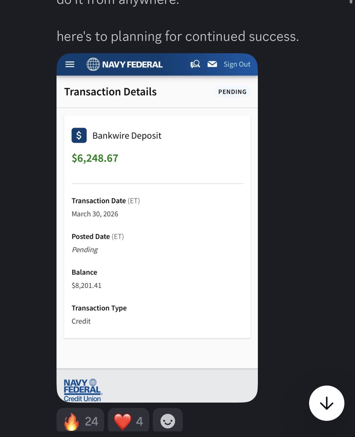 Bankwire deposit $6,248.67 — Navy Federal