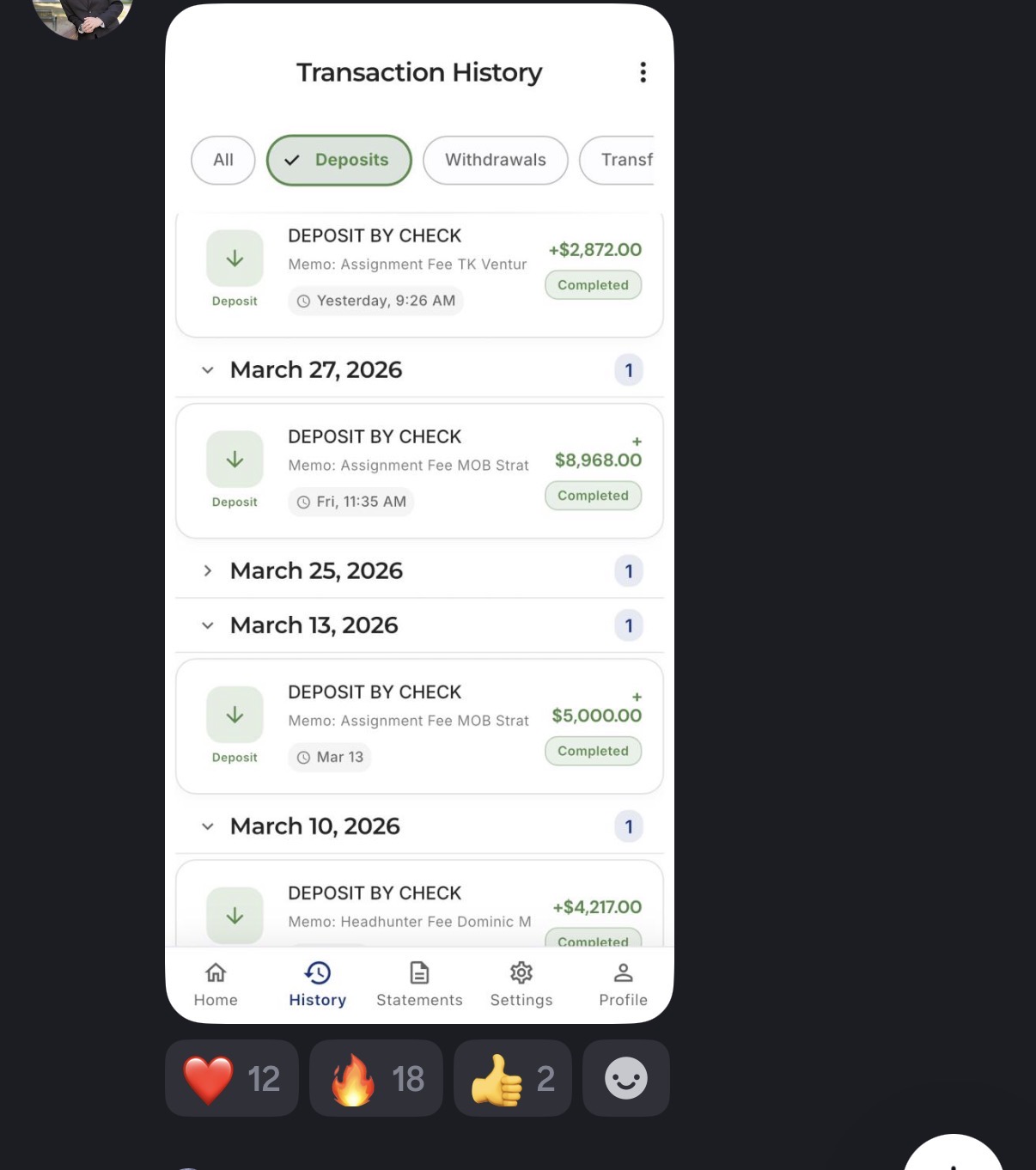 Historial de transacciones: 4 assignment fees