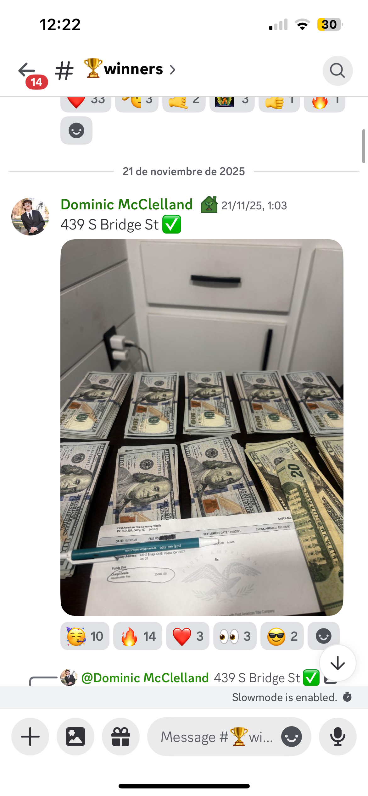 Cash + cheque del cierre — Dominic McClelland