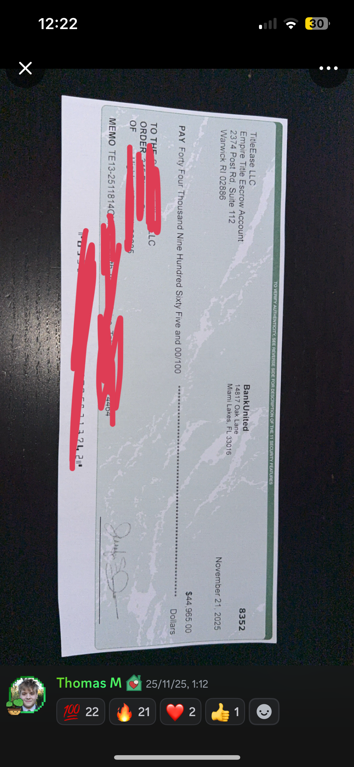 Cheque físico de $44,485 — Thomas M.